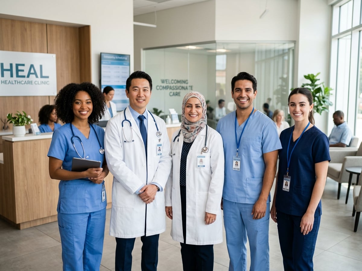 Equipe multidisciplinar de saúde do SEPSS em clínica moderna