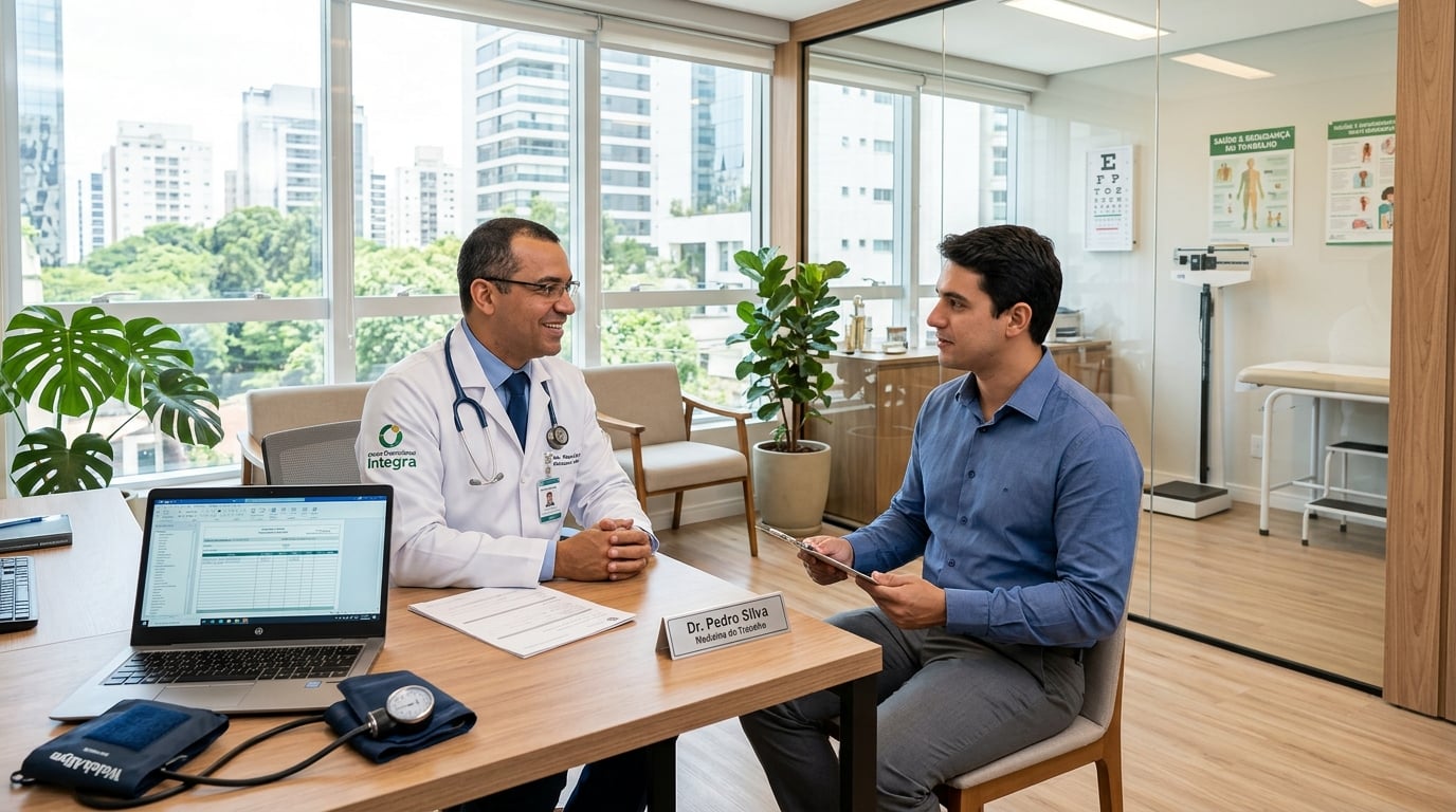 Profissional de medicina do trabalho atendendo um trabalhador em clínica ocupacional moderna